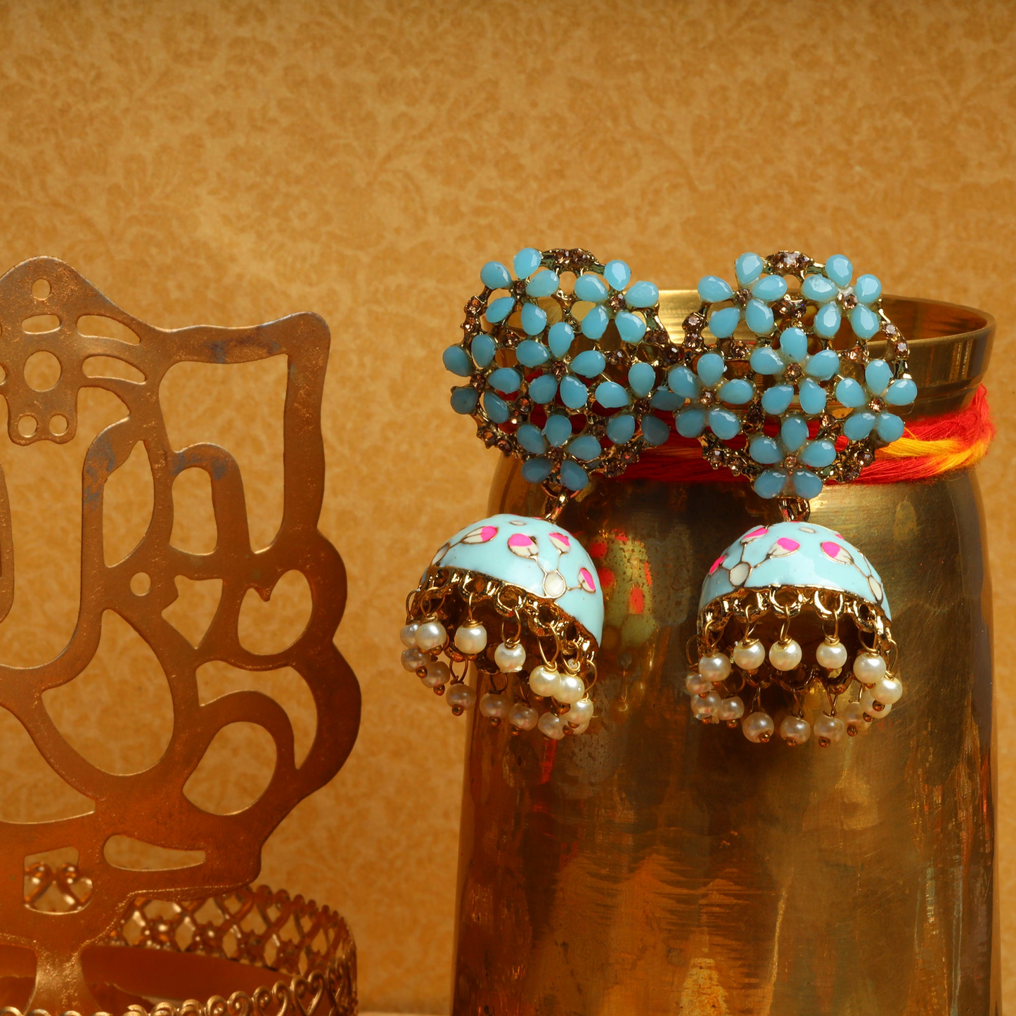 Heeya- Stone Studded Hanging Pearl Jhumka Earrings(Sky Blue)