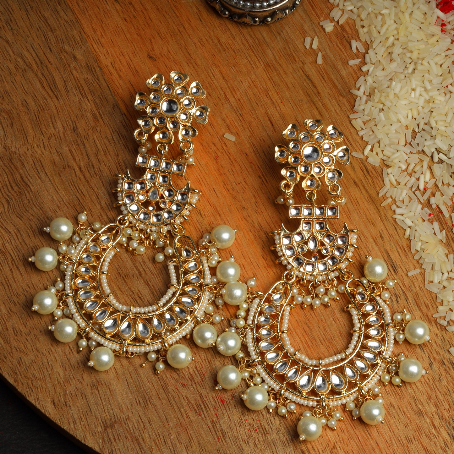 Hrida- Stone Studded Hanging Pearl Dangler Earrings