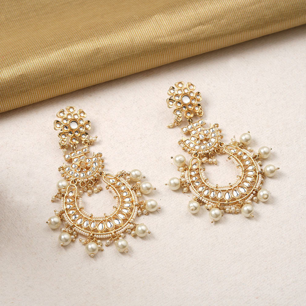 Hrida- Stone Studded Hanging Pearl Dangler Earrings