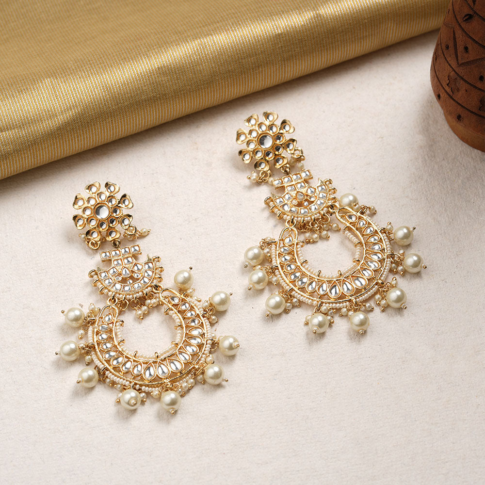Hrida- Stone Studded Hanging Pearl Dangler Earrings