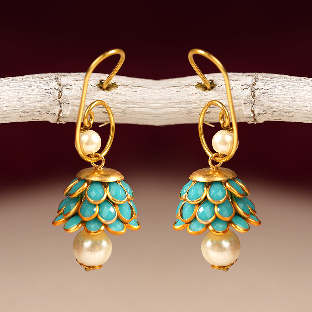 Ishani- Hanging Pearl Jhumki Earrings(Sky Blue)