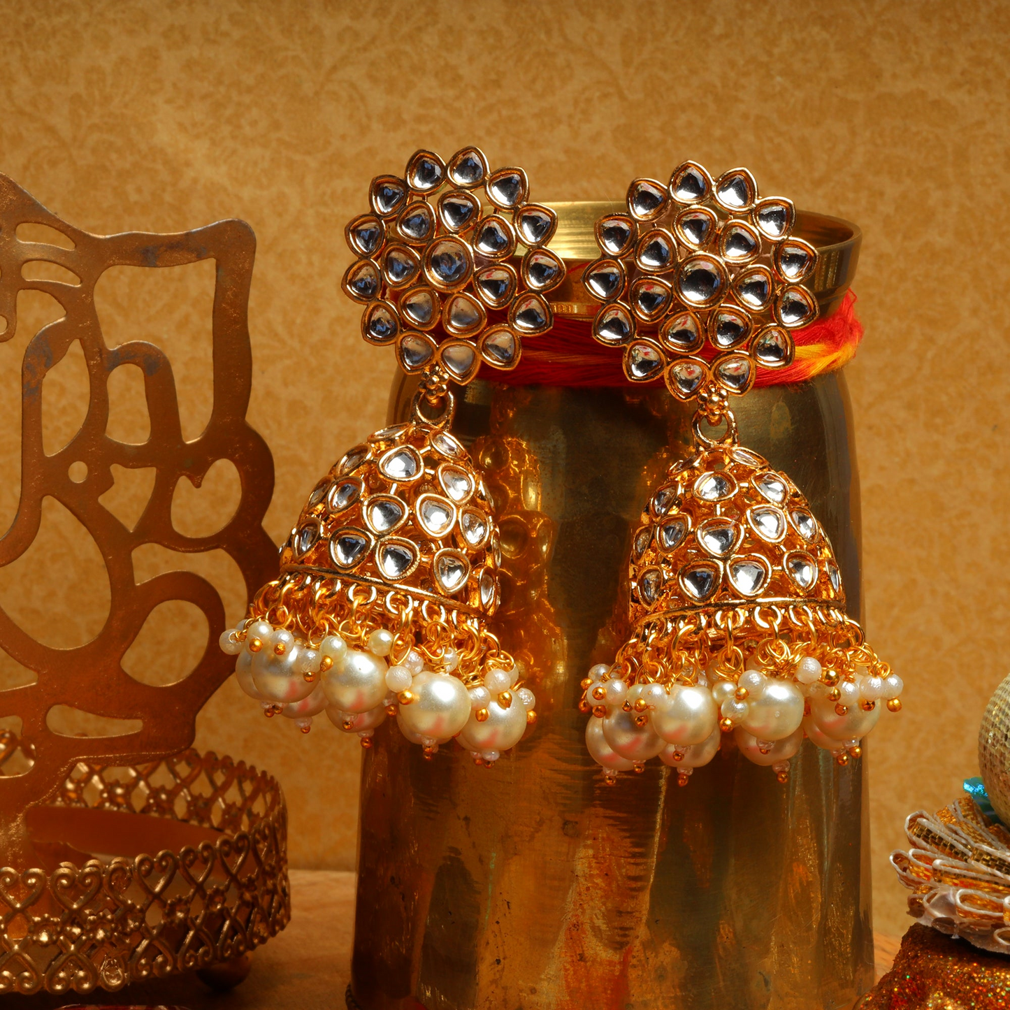 Ivana- Stone Studded Hanging Pearl Jhumki Earrings