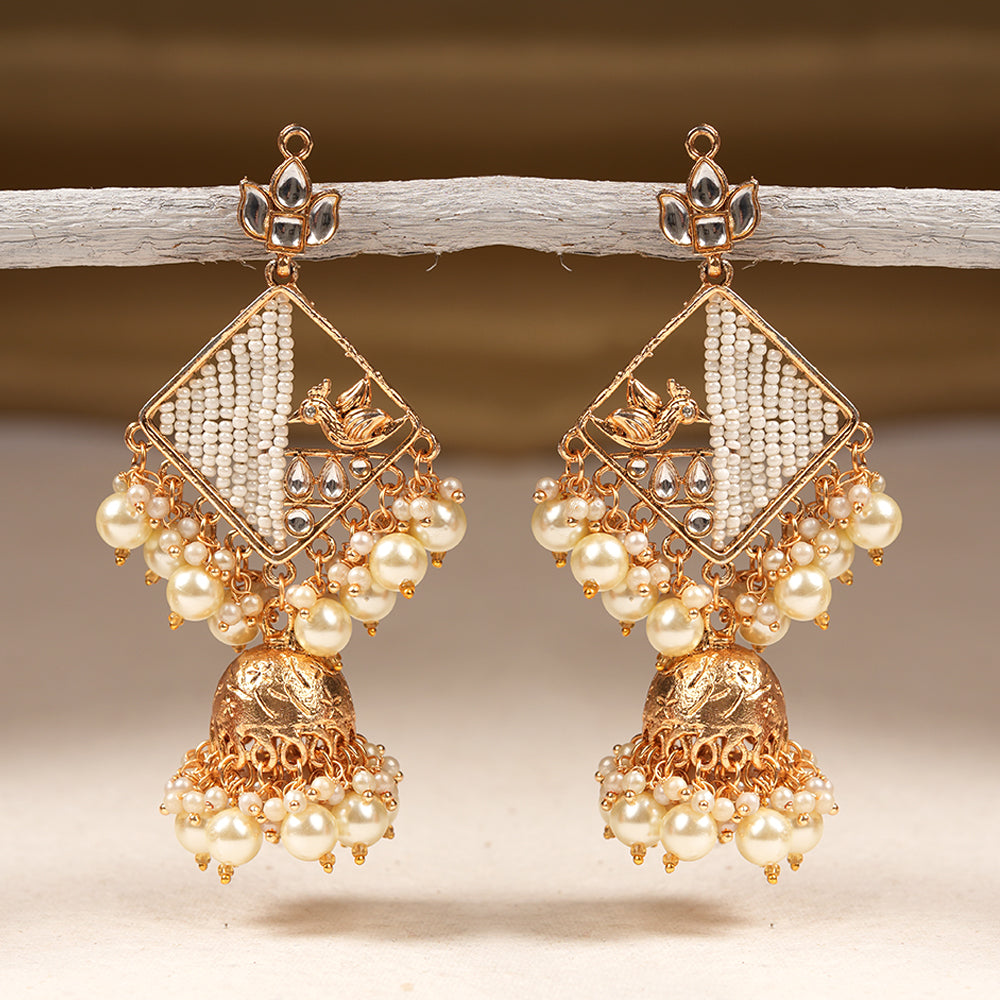 Jiya- Stone Studded Hanging Pearl Jhumki Earrings