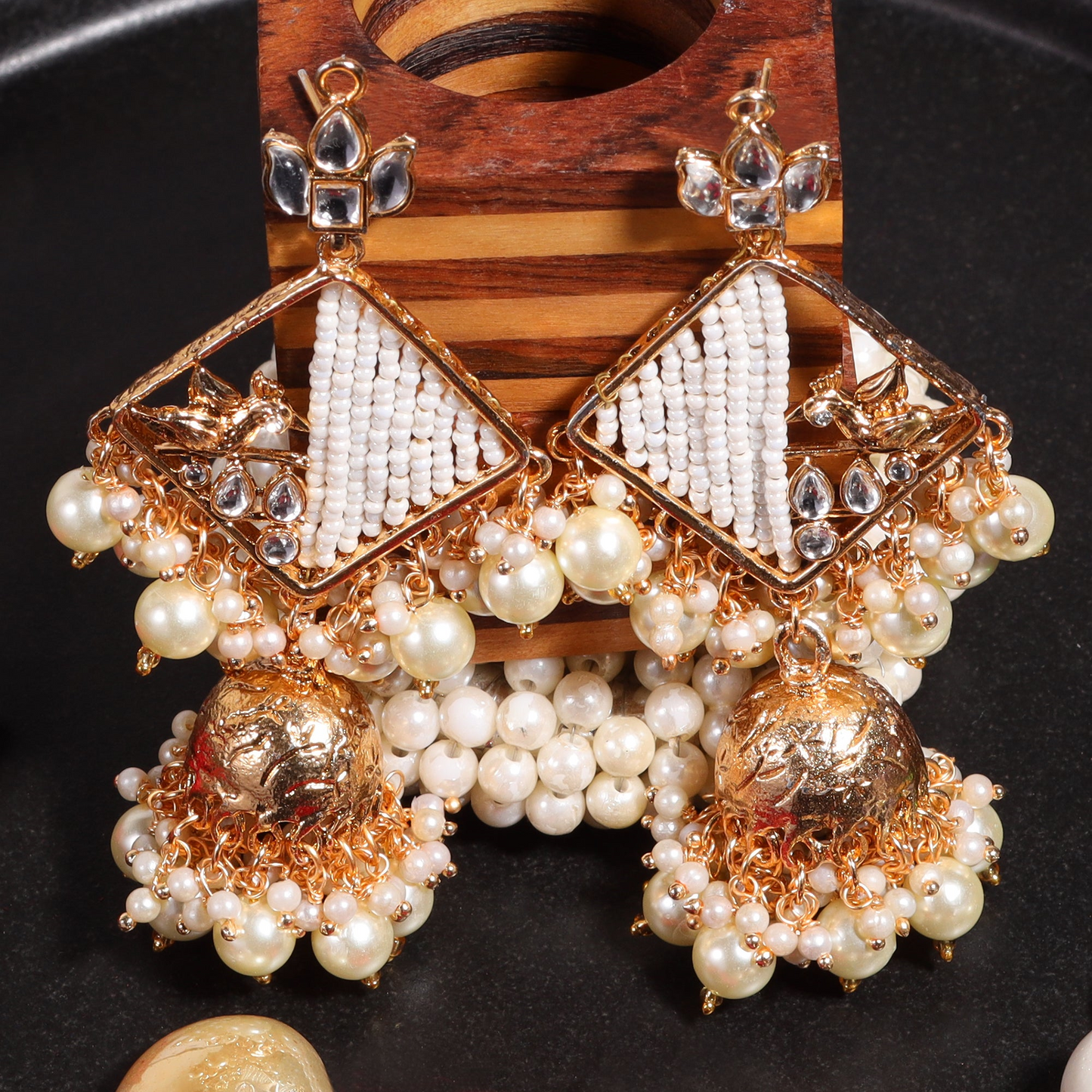 Jiya- Stone Studded Hanging Pearl Jhumki Earrings
