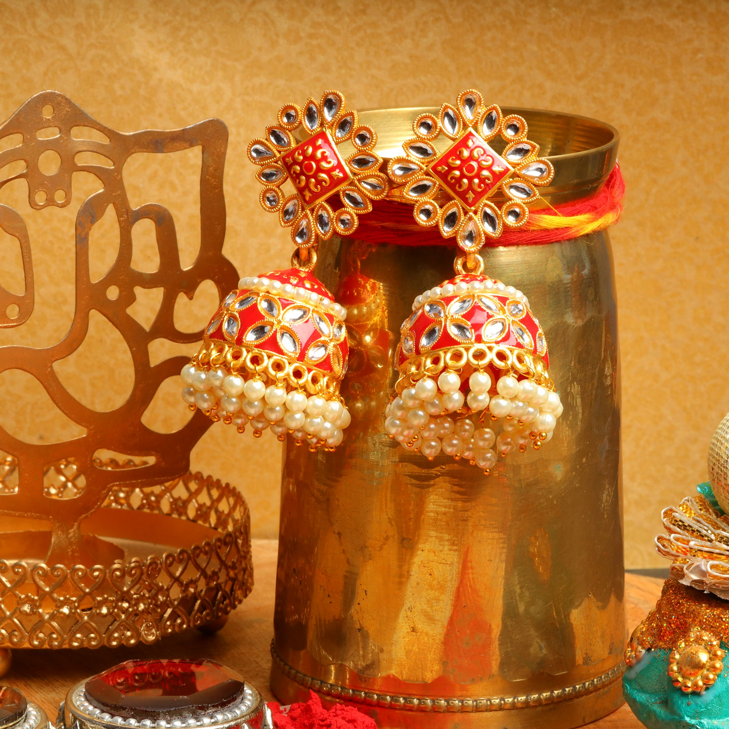 Juhi- Stone Studded Hanging Pearl Jhumki Earrings