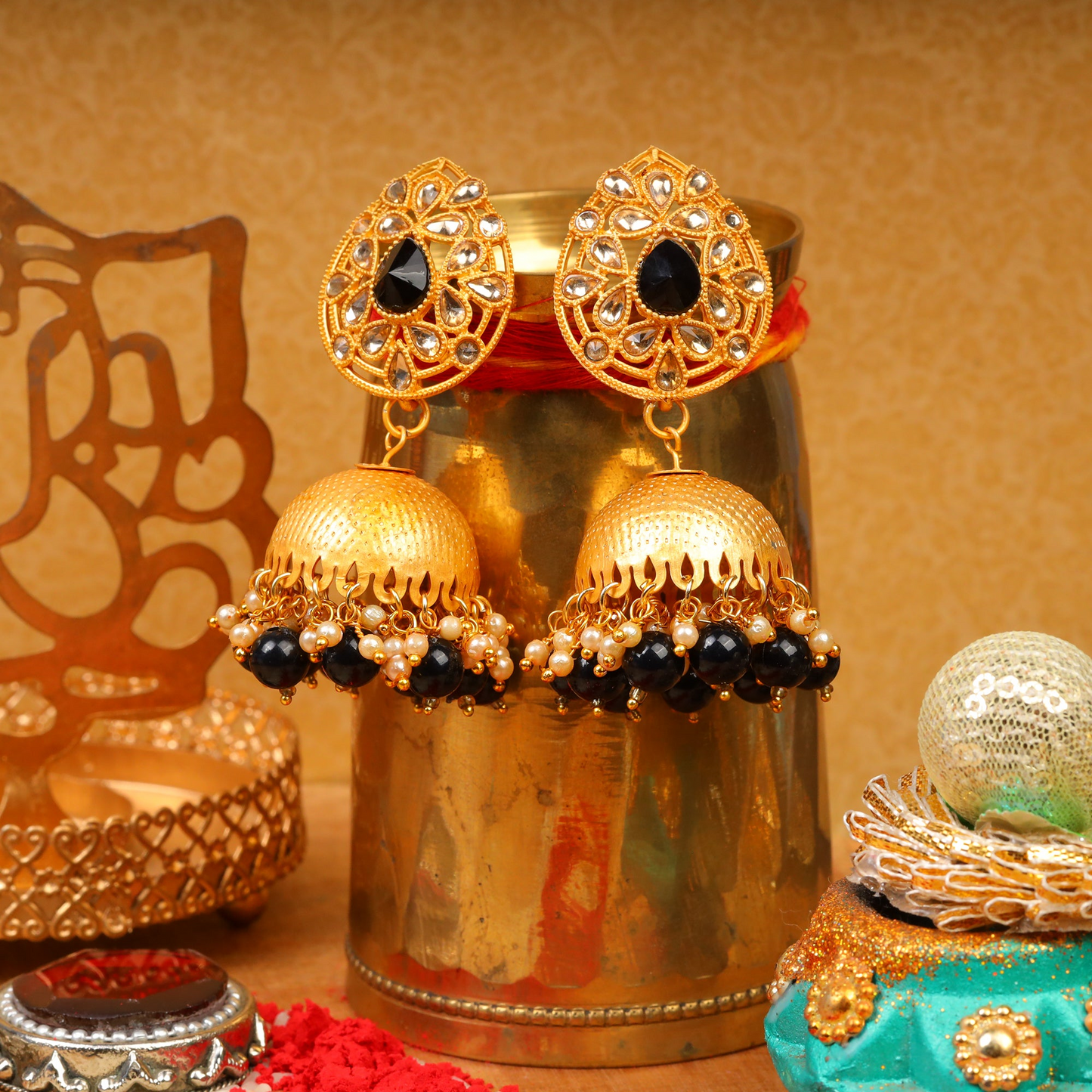 Kanika- Stone Studded Hanging Pearl Jhumki Earrings