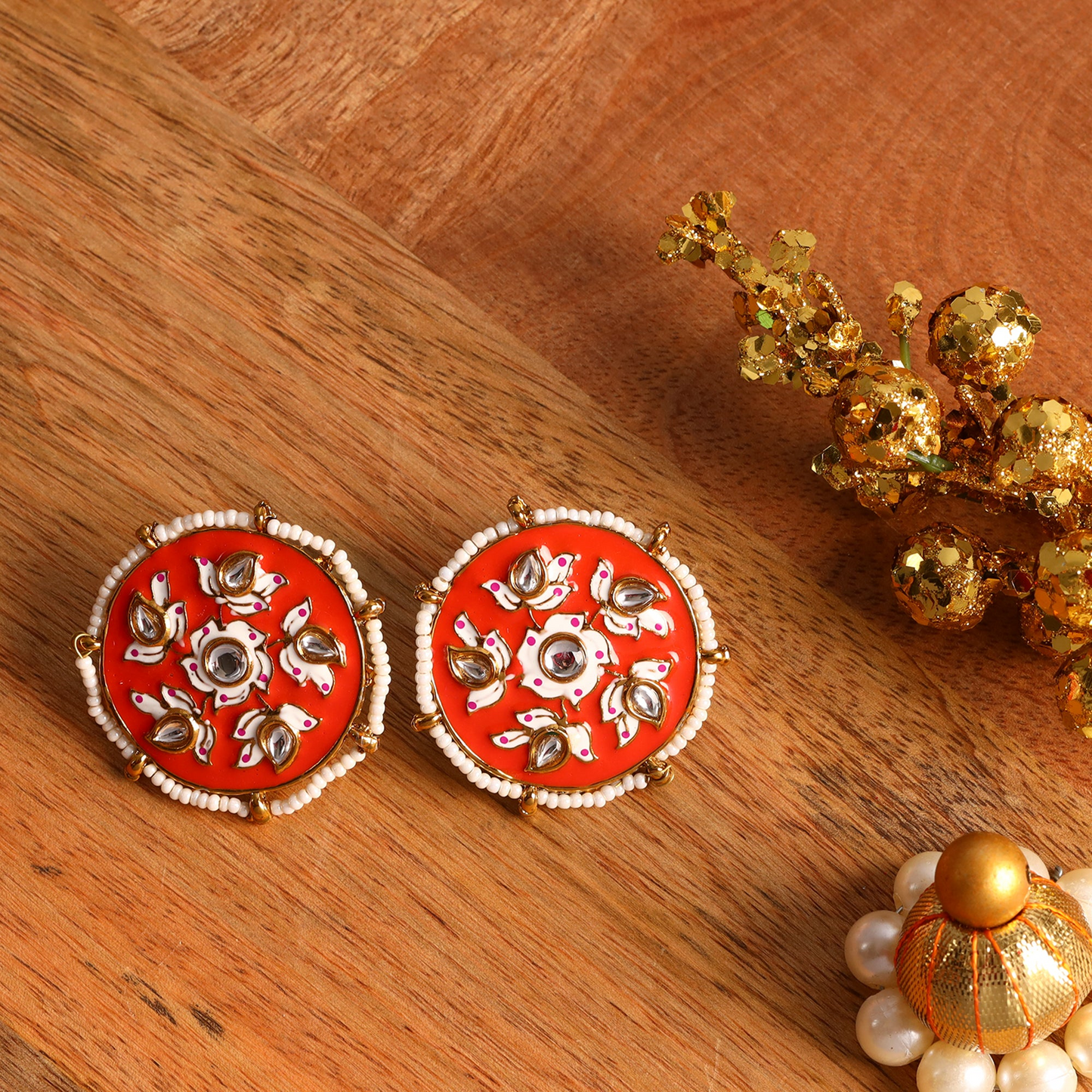 Kriti- Pearl Framed Stud Earrings(Red)