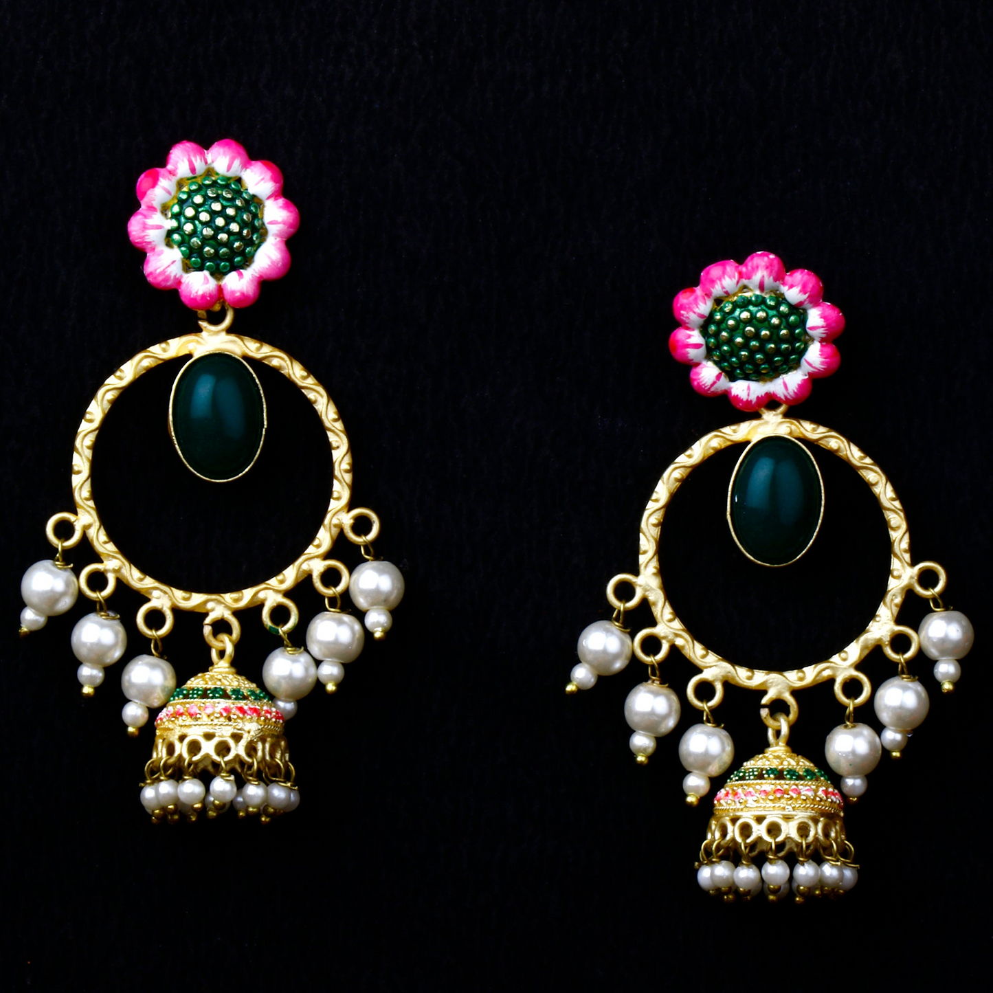 Laila- Stone Studded Hnaging Pearl Jhumki Earrings(Green)