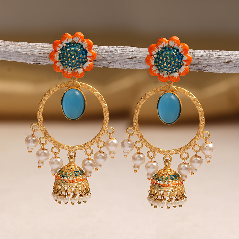 Laila- Stone Studded Hnaging Pearl Jhumki Earrings(Sky Blue)