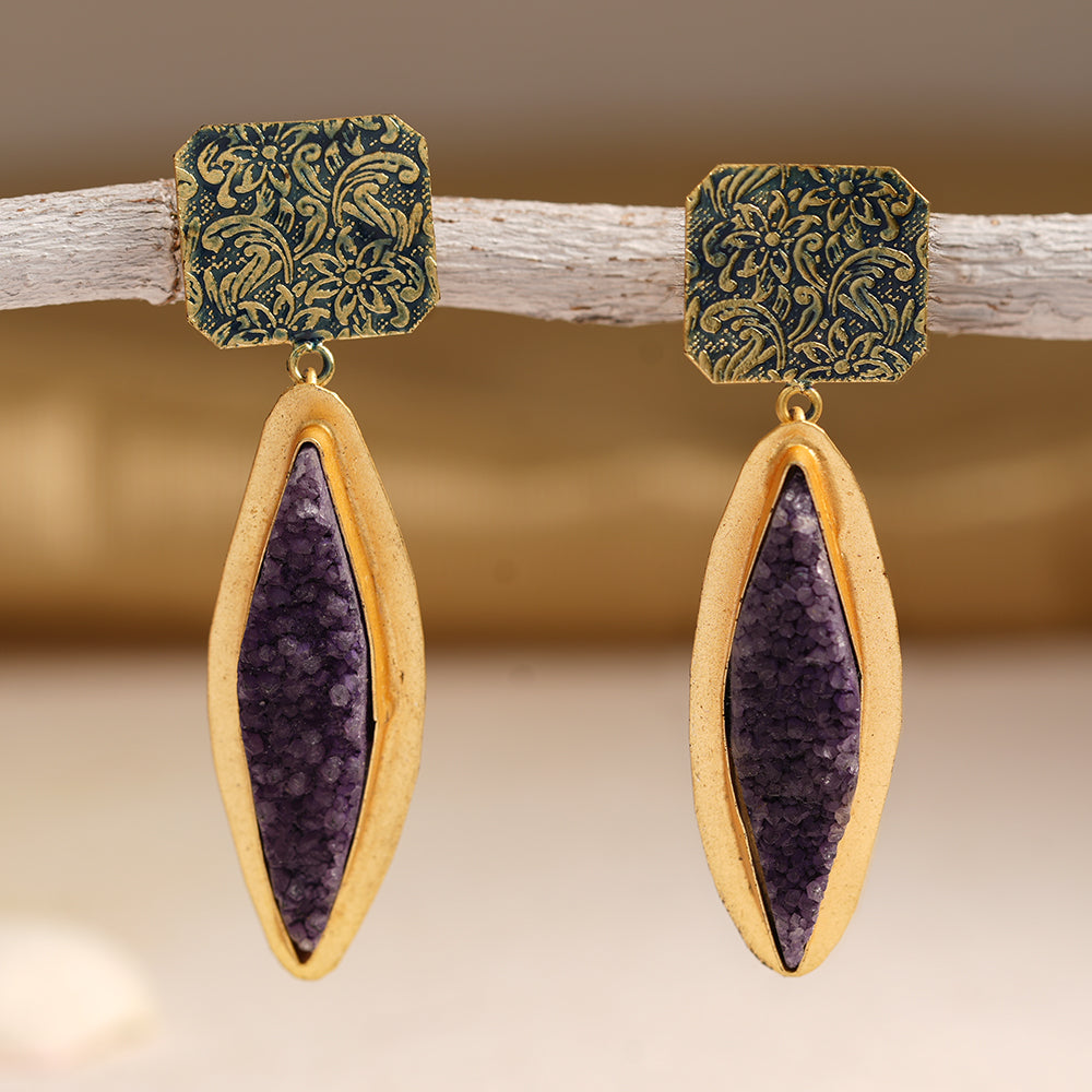 Malini- Unpolished natural stone embedded Dangler Earrings(Blue)