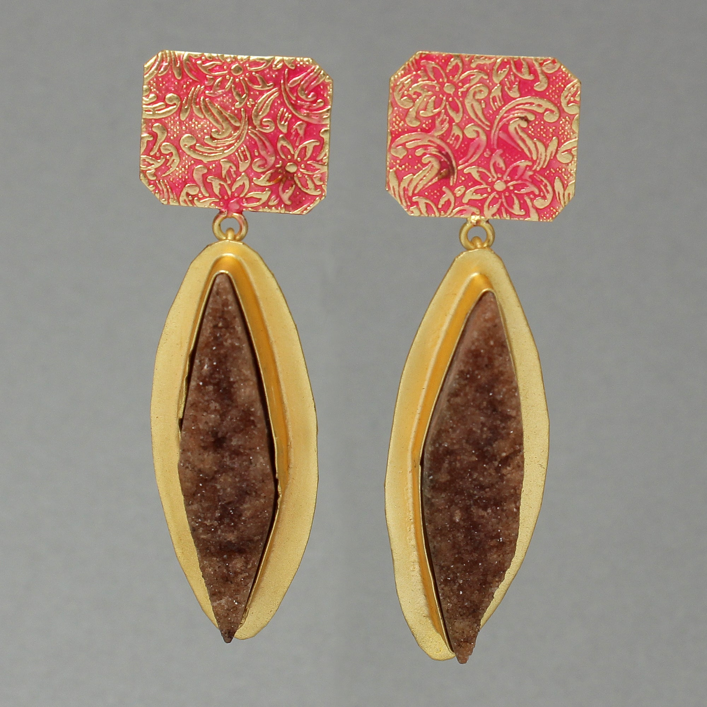 Malini- Unpolished natural stone embedded Dangler Earrings(Brown)