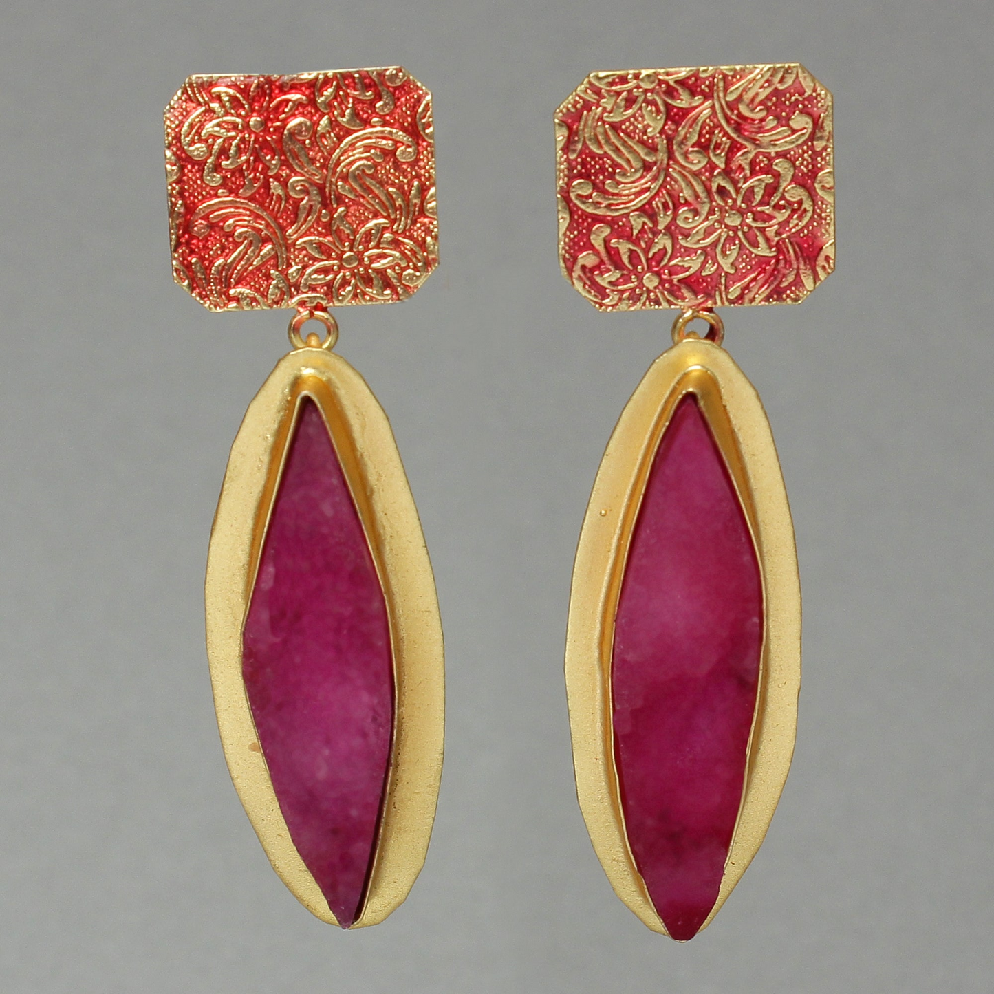 Malini- Unpolished natural stone embedded Dangler Earrings(Pink)