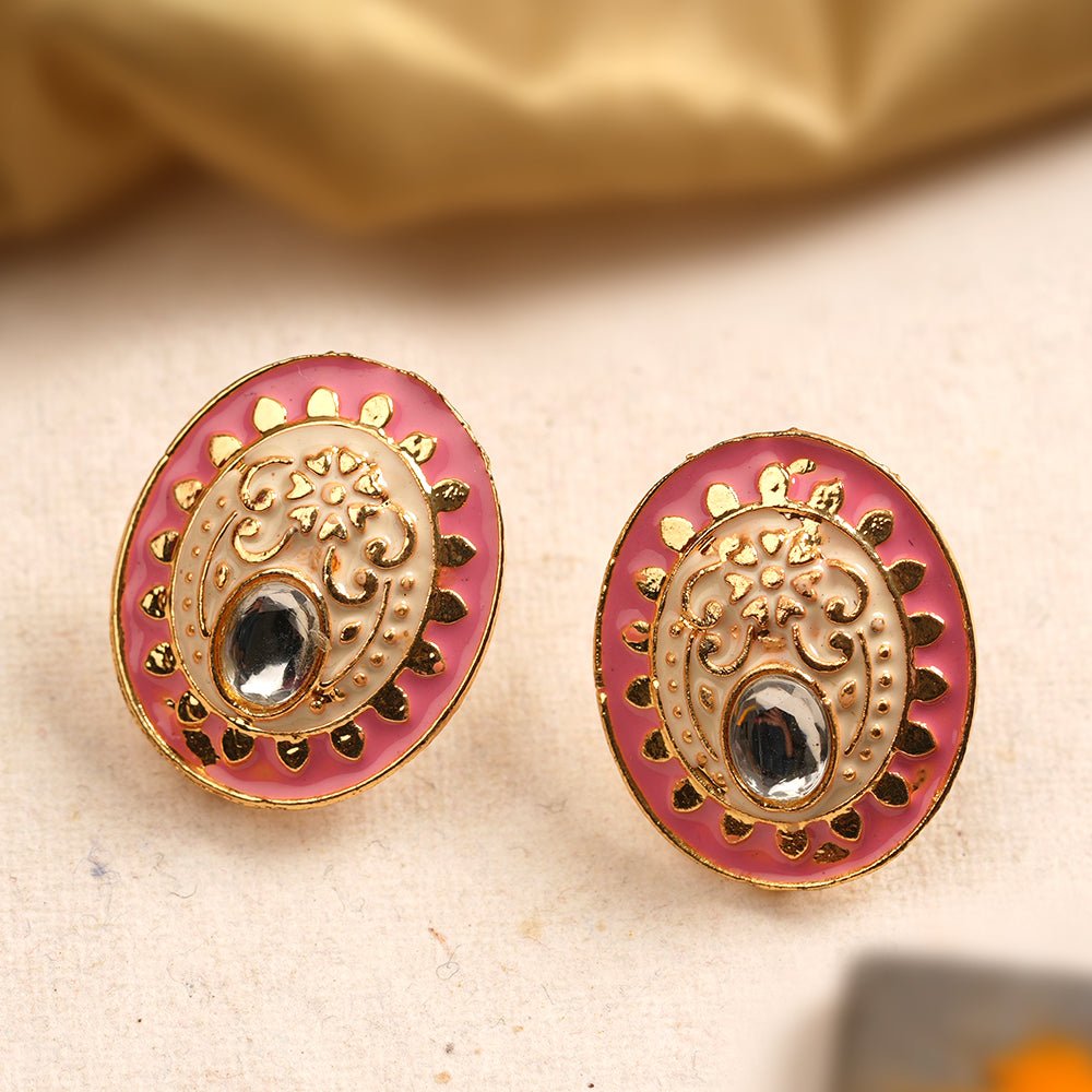 Manjari- Stone Studded Stud Earrings(Baby Pink)
