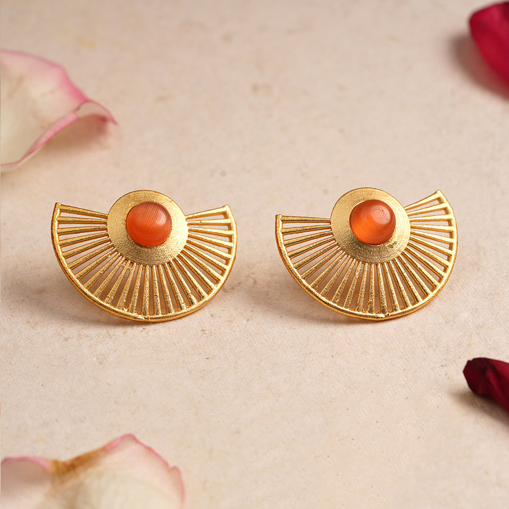 Namya- Stone Studded Golden Stud Earrings(Orange)