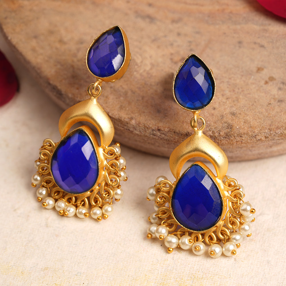 Ojasvi- Stone Studded Hanging Pearls Dangler Earrings