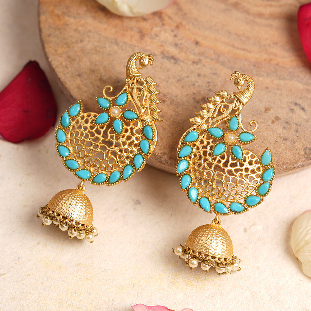 Prisha- Stone Studded Hanging Pearl Jhumki Earrings(Yellow)