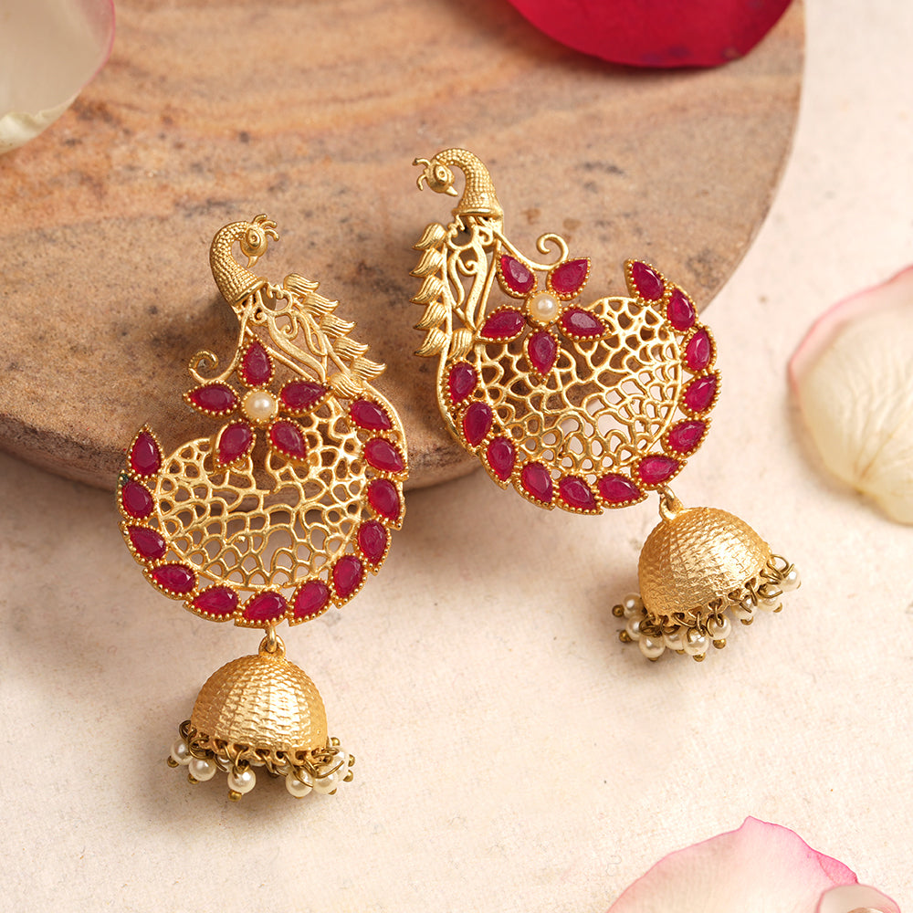 Prisha- Stone Studded Hanging Pearl Jhumki Earrings(Dark Red)