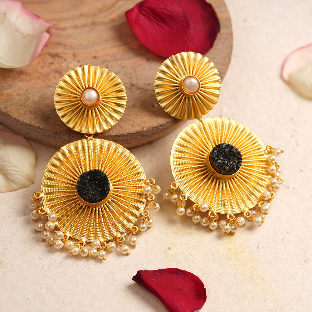 Radha- Natural Stone Studded Dangler Earrings(Black)