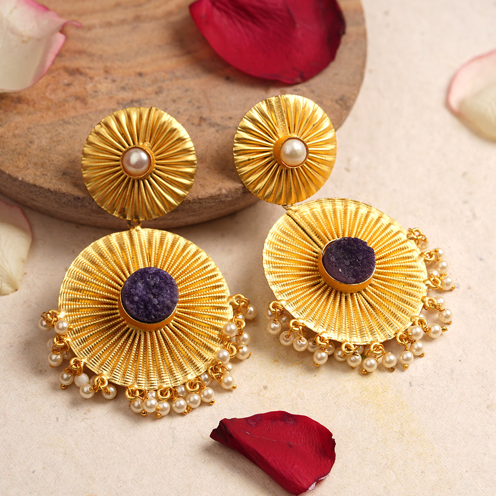 Radha- Natural Stone Studded Dangler Earrings(Purple)