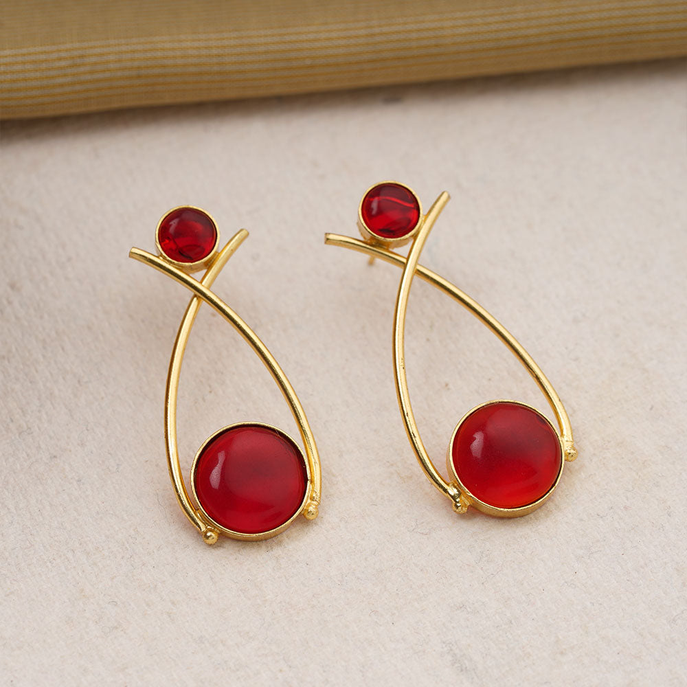 Anika- Stone Studded Golden Frames Dangler Earrings(Red)