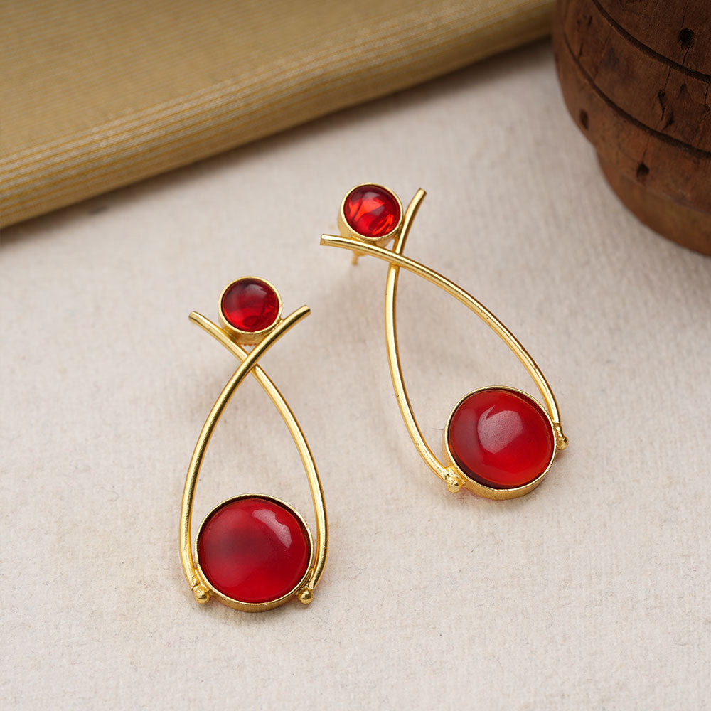 Anika- Stone Studded Golden Frames Dangler Earrings(Red)