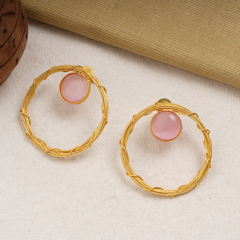 Deeptika- Stone Studded Golden Framed Dangler Earrings(Baby Pink)
