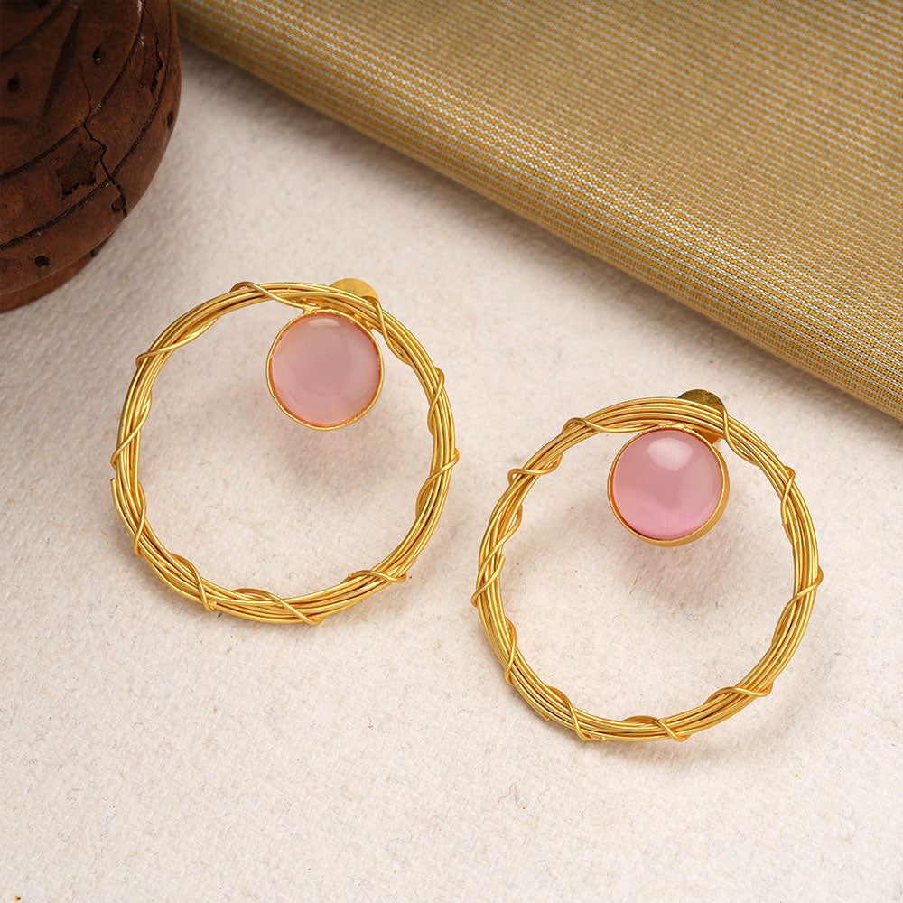 Deeptika- Stone Studded Golden Framed Dangler Earrings(Baby Pink)