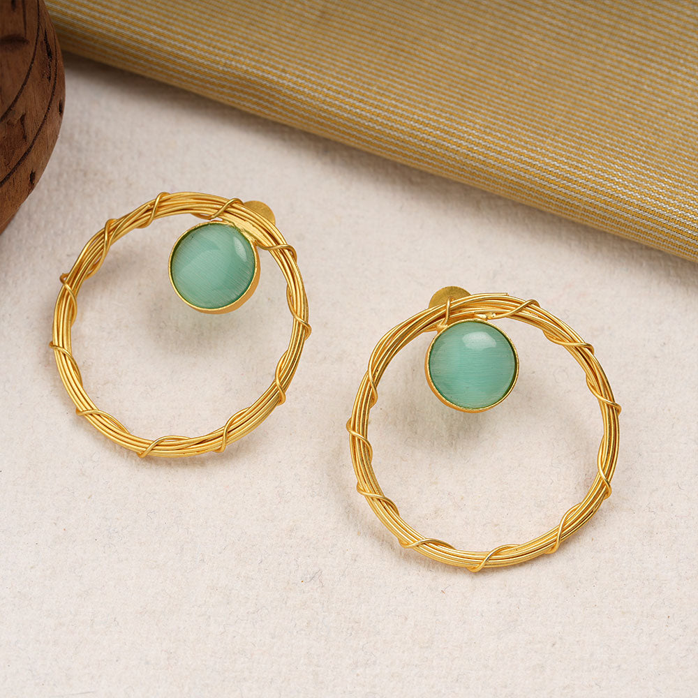 Deeptika- Stone Studded Golden Framed Dangler Earrings(Mint)