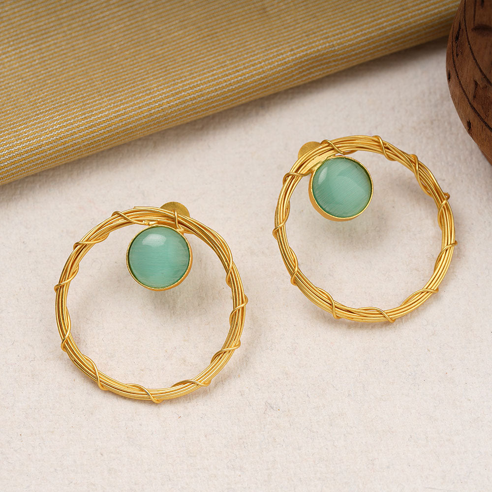 Deeptika- Stone Studded Golden Framed Dangler Earrings(Mint)