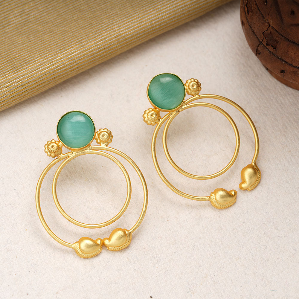 Devika- Stone Studded Golden Framed Dangler Earrings(Mint)