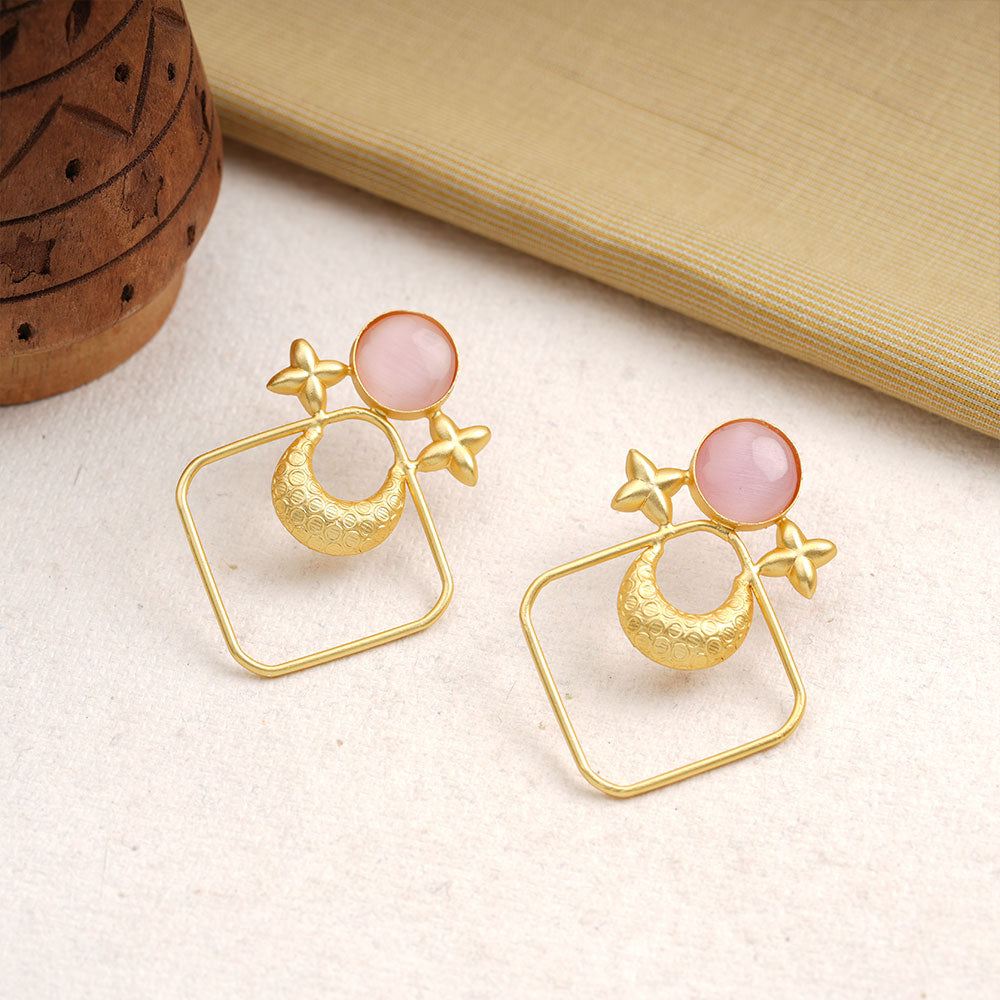 Urvashi- Stone Studded Golden Framed Dangler Earrings(Pink)