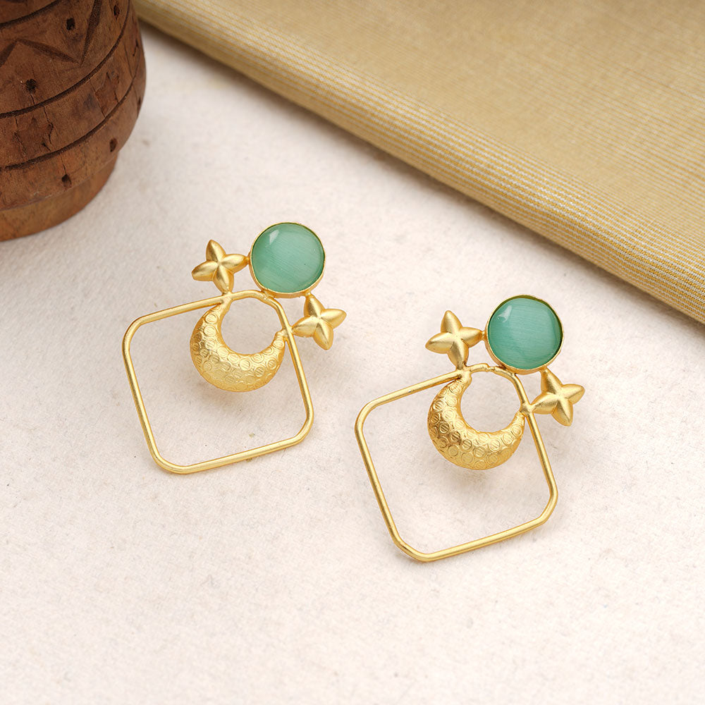 Urvashi- Stone Studded Golden Framed Dangler Earrings(Mint)