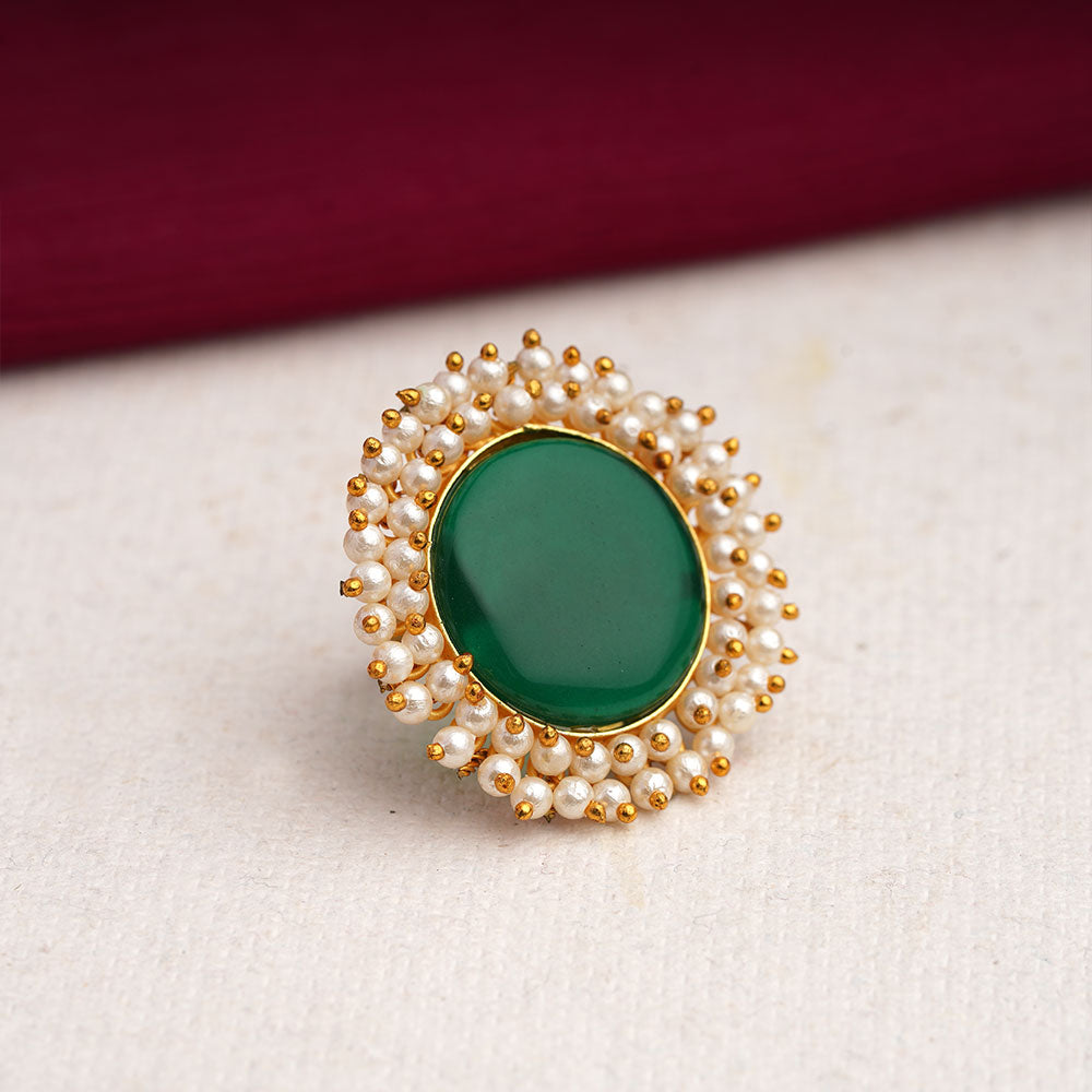 Bhavya- Stone Studded Pearl Framed ring(Green)