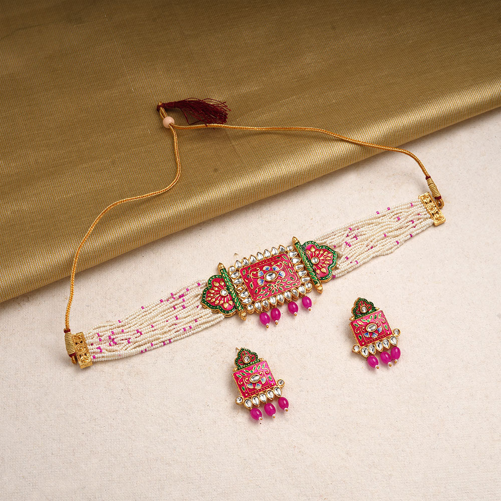 Ishani- Stone Studded Hanging Pearl Beaded Neckpiece Set (Dark Pink)