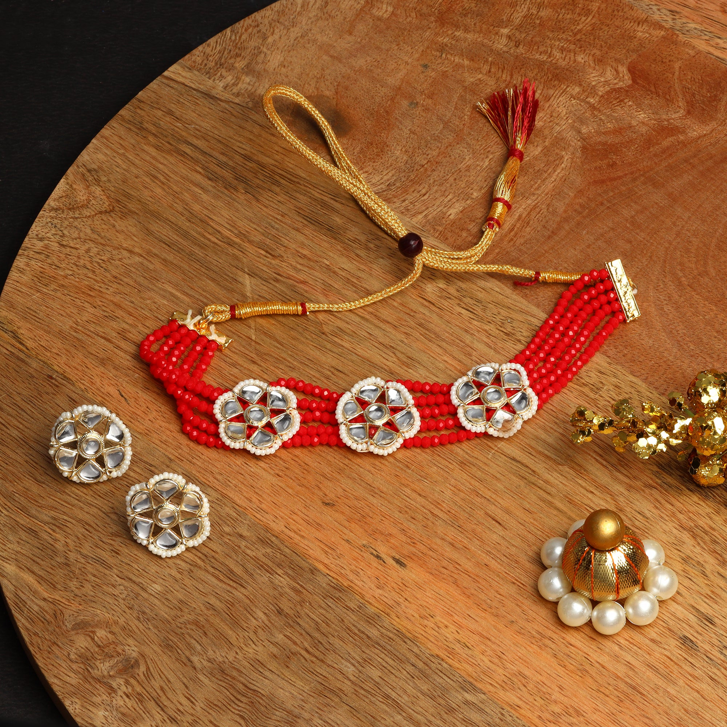 Kirtika- Stone Studded Beaded Neckpiece Set (Red)
