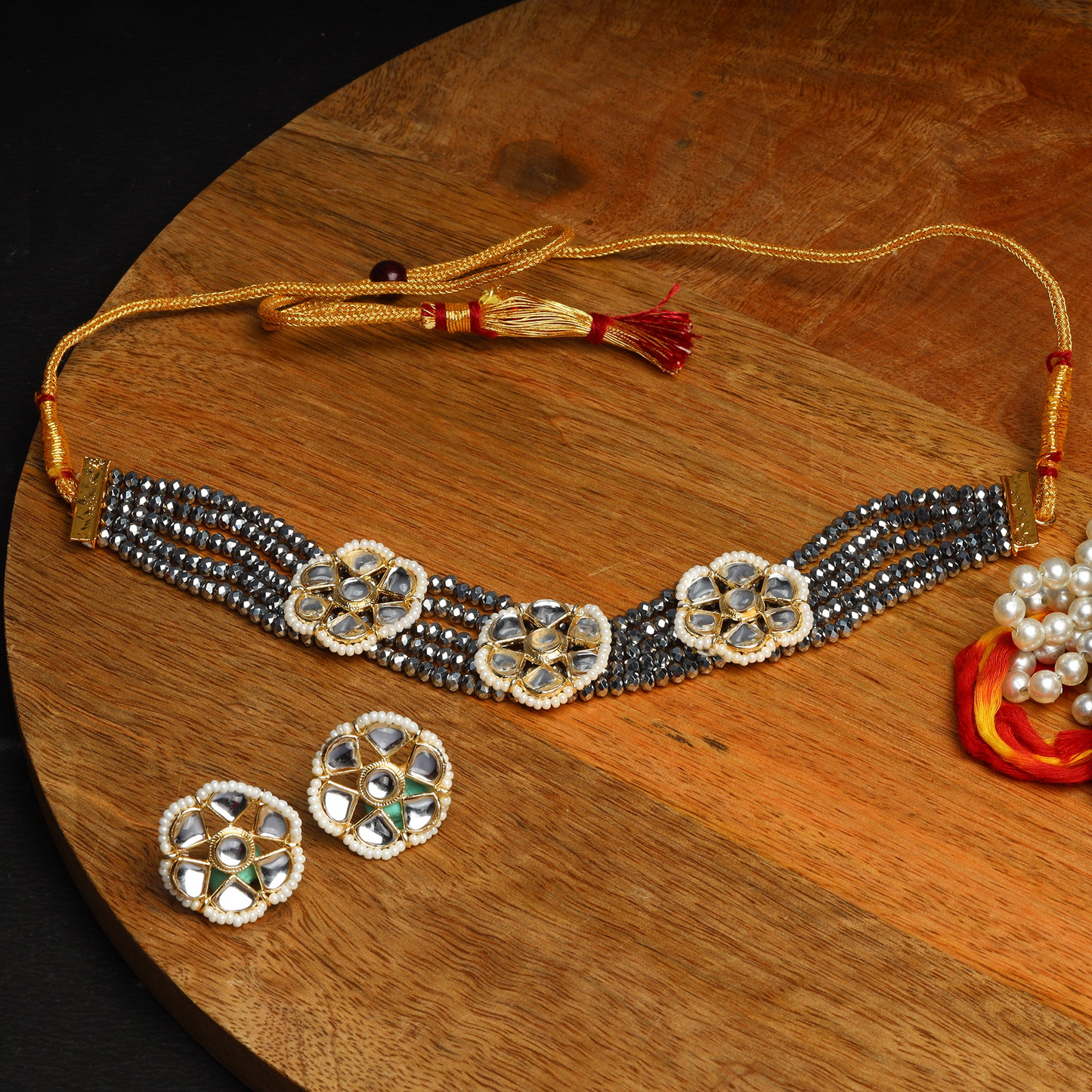 Kirtika- Stone Studded Beaded Neckpiece Set (Metallic)
