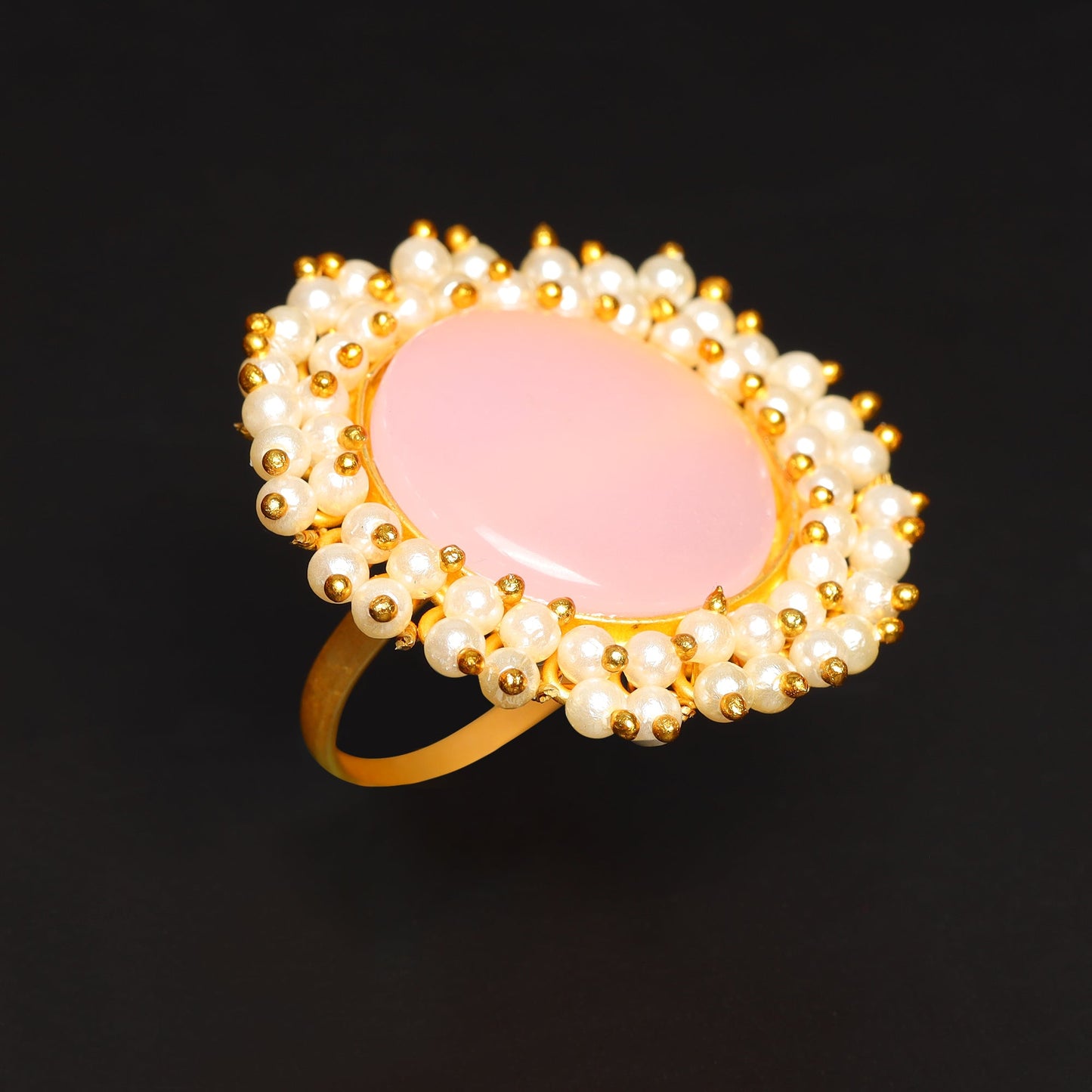 Bhavya- Stone Studded Pearl Framed ring(Pink)