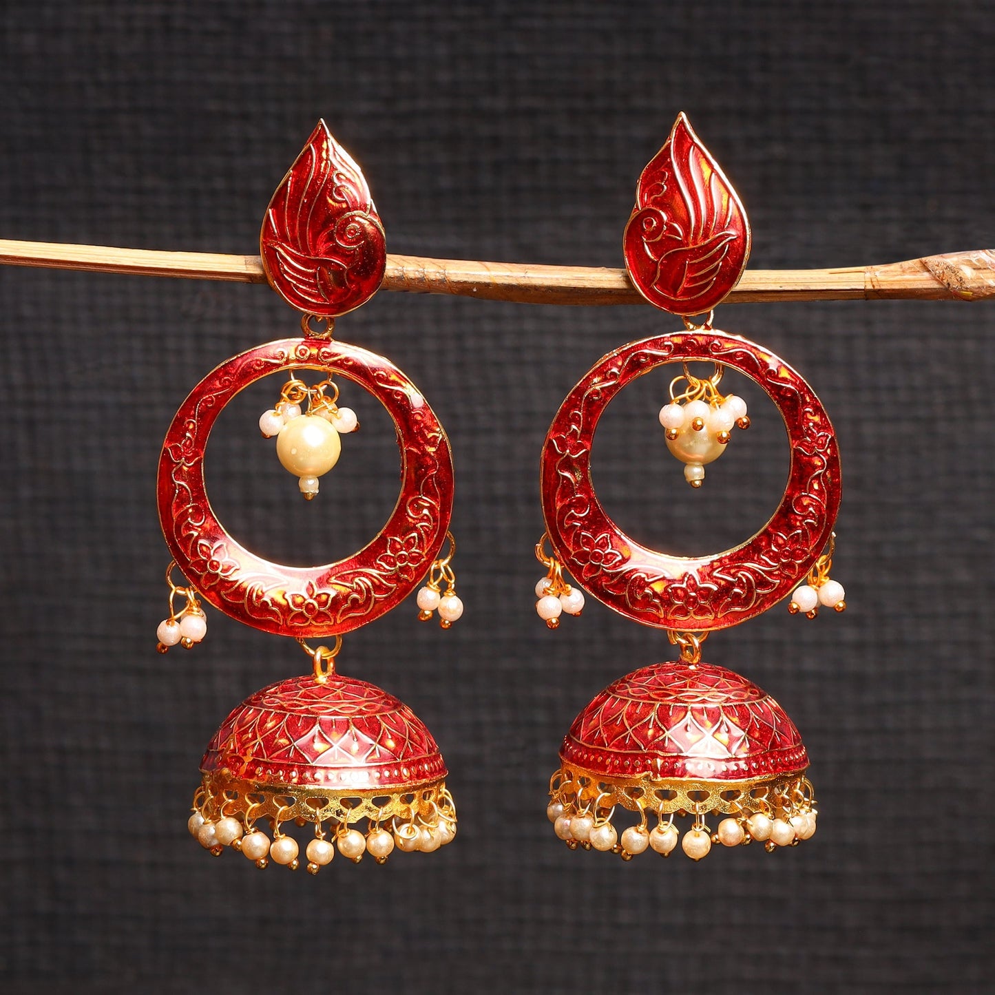 Heer- Stone Studded Hanging Pearl Jhumka Earrings (Red)