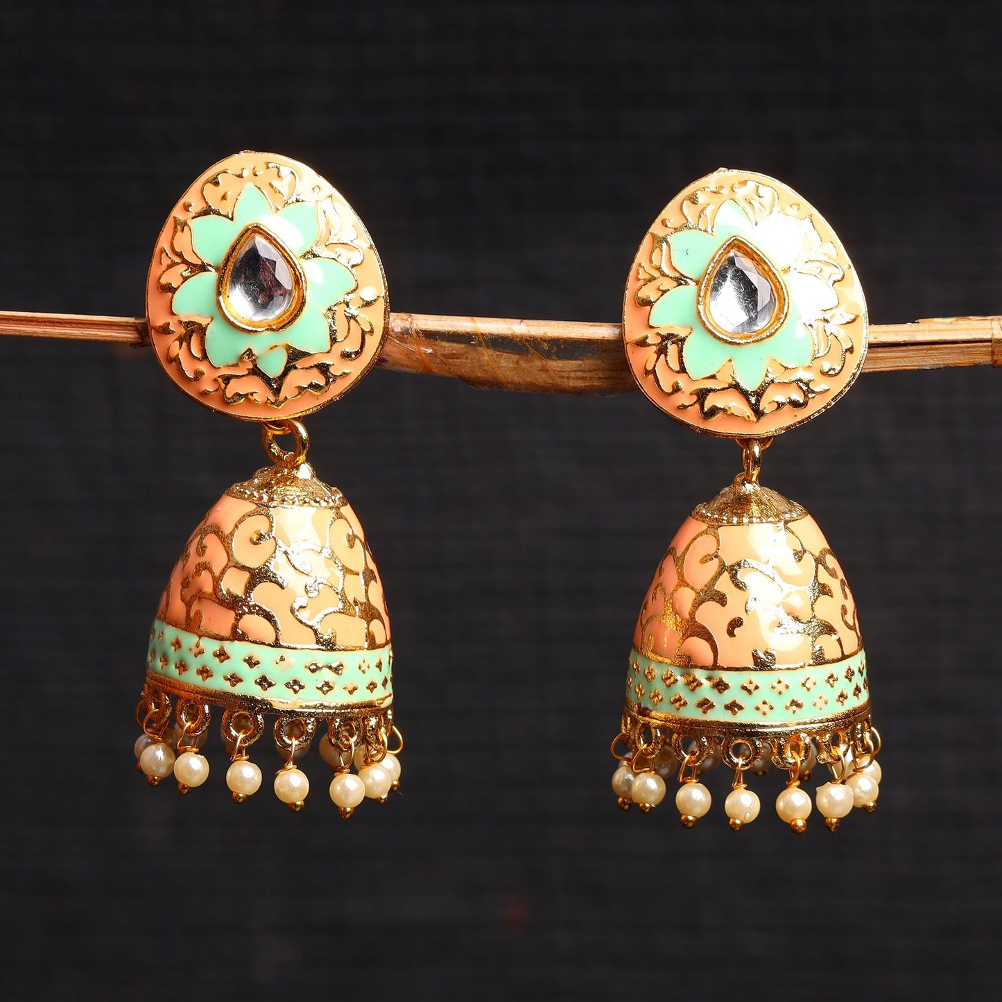 Advika- Stone Studded Hanging Pearls Jhumka Earrings(Peach Puff)