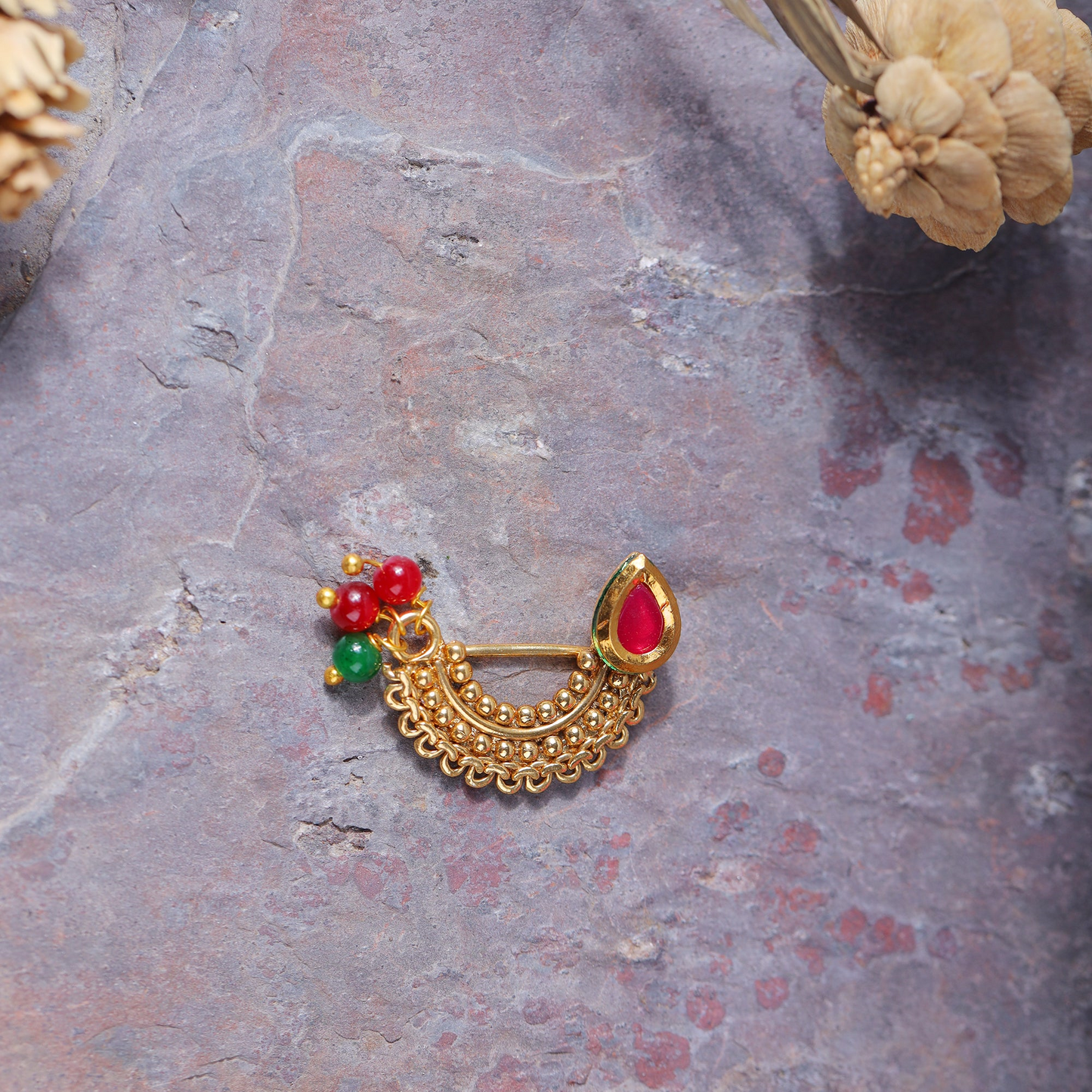 Shruti- Stone Studded Hanging Pearl Nath(Multicolor: Green and red)