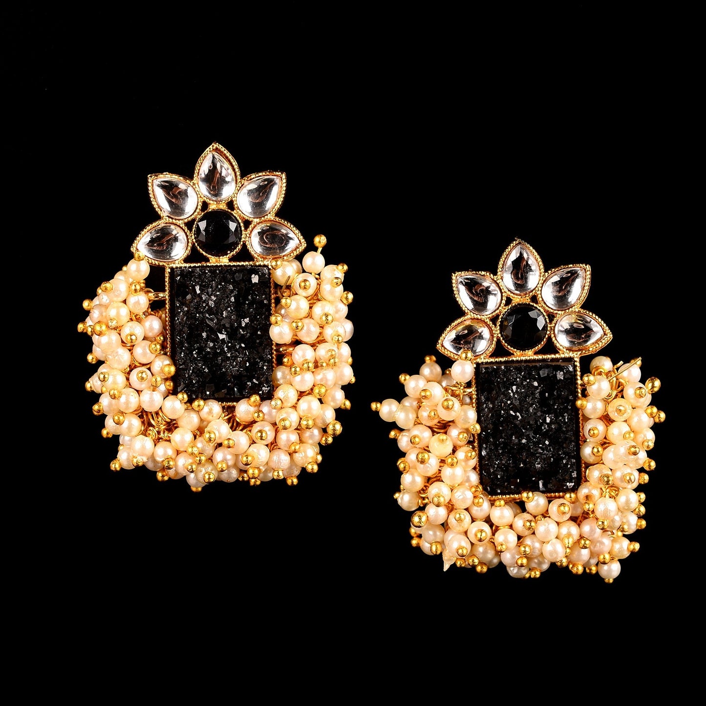 Mishka- Stone Studded Pearl Framed Stud Earrings