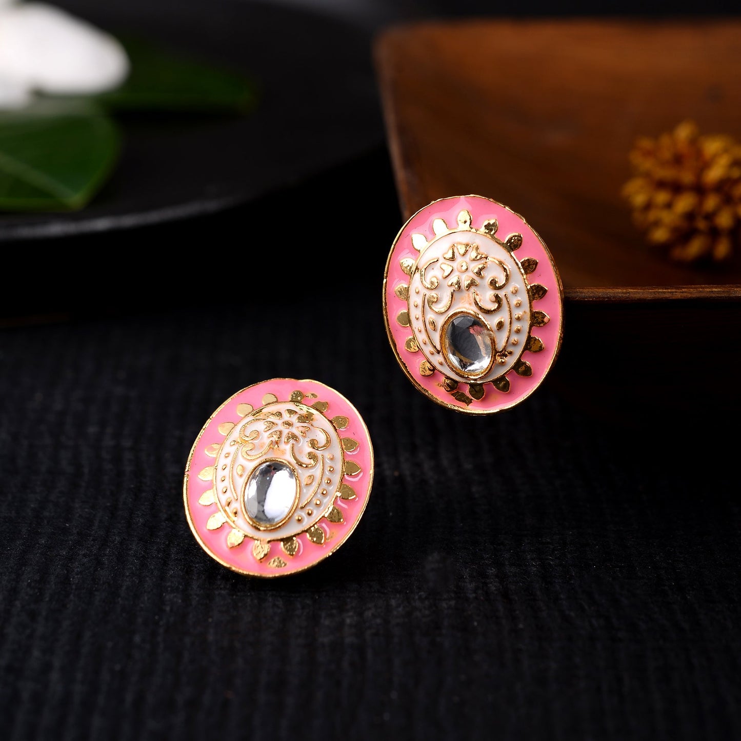 Manjari- Stone Studded Stud Earrings(Baby Pink)