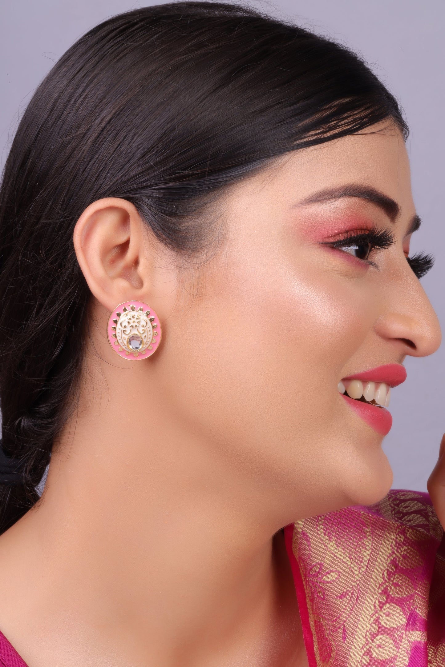 Manjari- Stone Studded Stud Earrings(Baby Pink)
