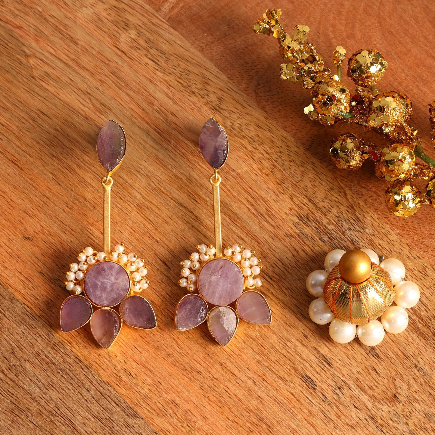 Ziyana- Stone Studded Baby Pearl Dangler Earrings(Purple)