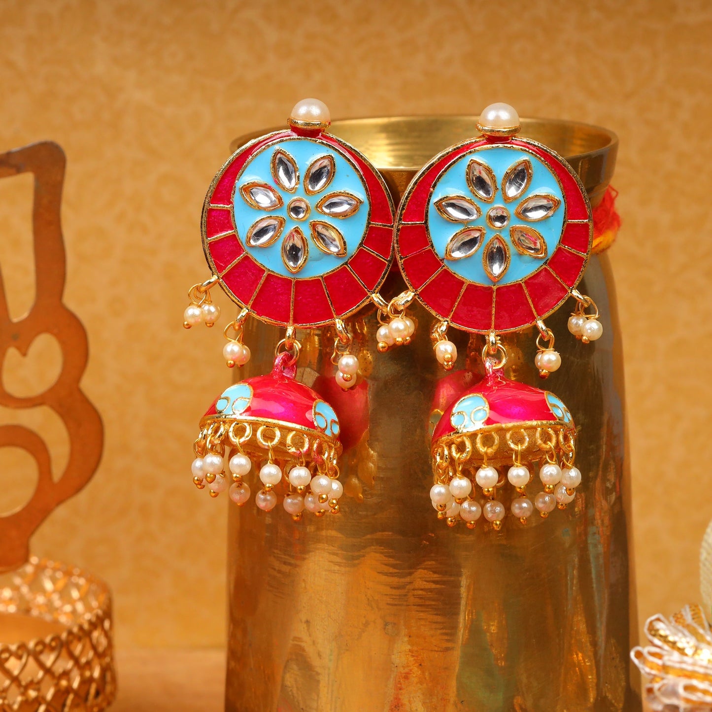 Ahana- Stone Studded Hanging Pearls Jhumka Earrings