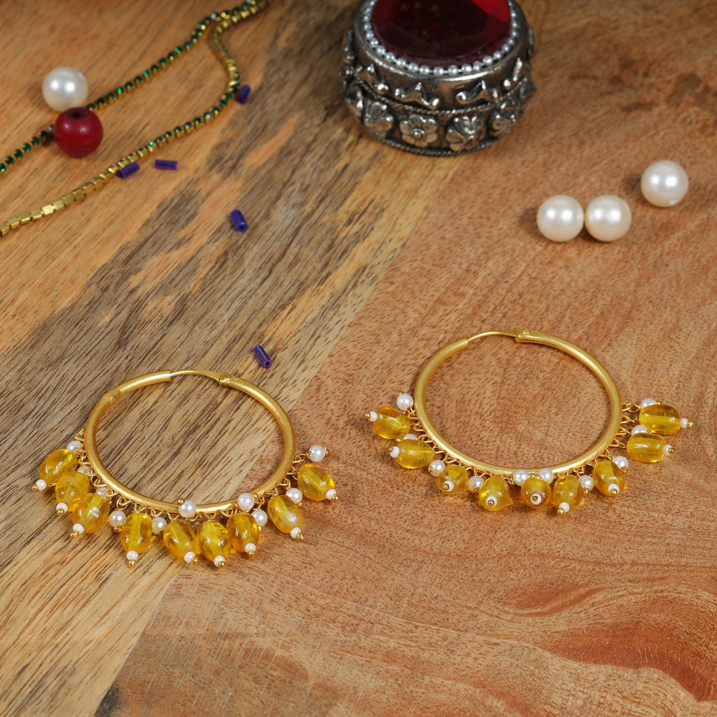 Zoya- Hanging Pearl Hoops Earrings(Golden)