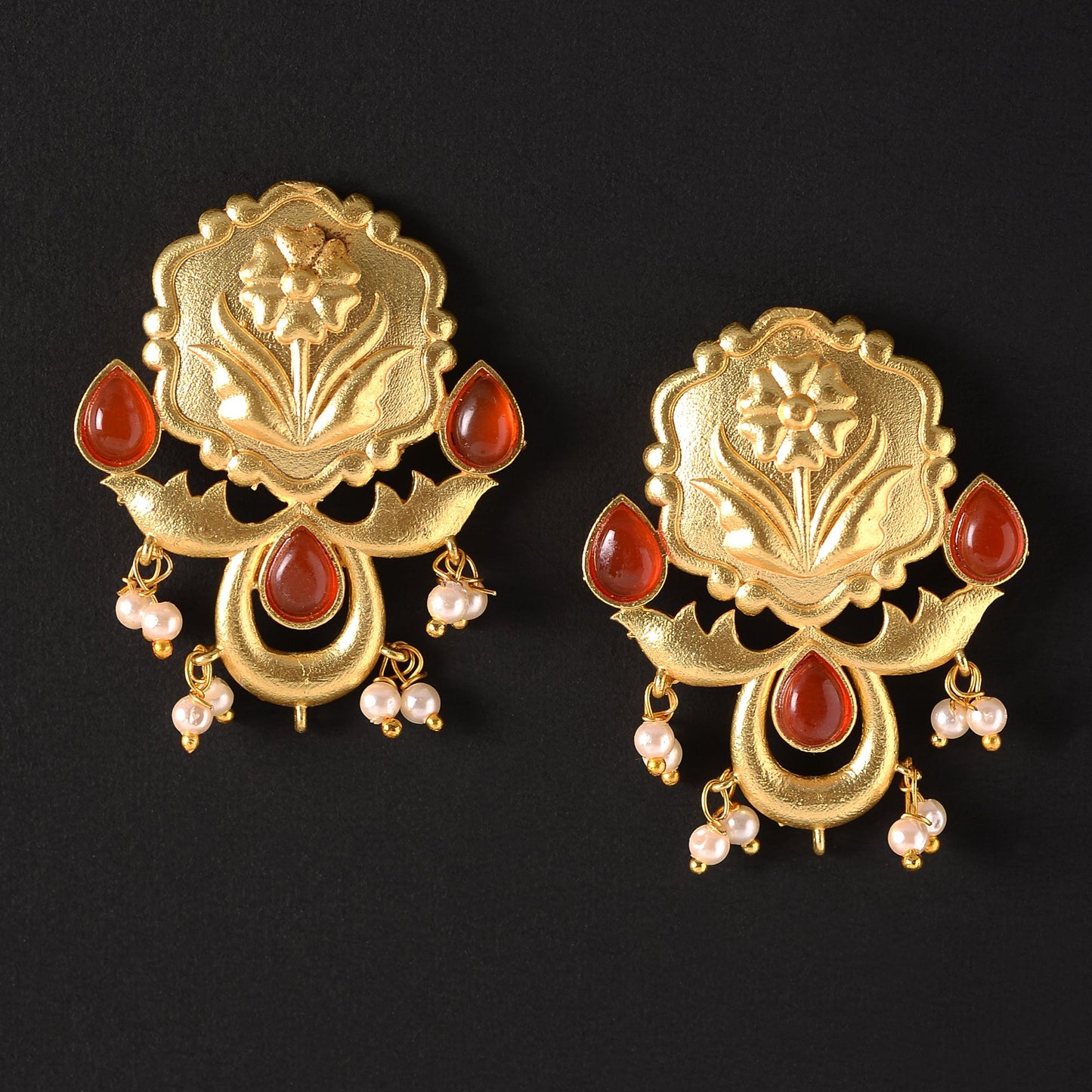 Ritika- Stone Studded Hanging Pearls Dangler Earrings(Dark Red)