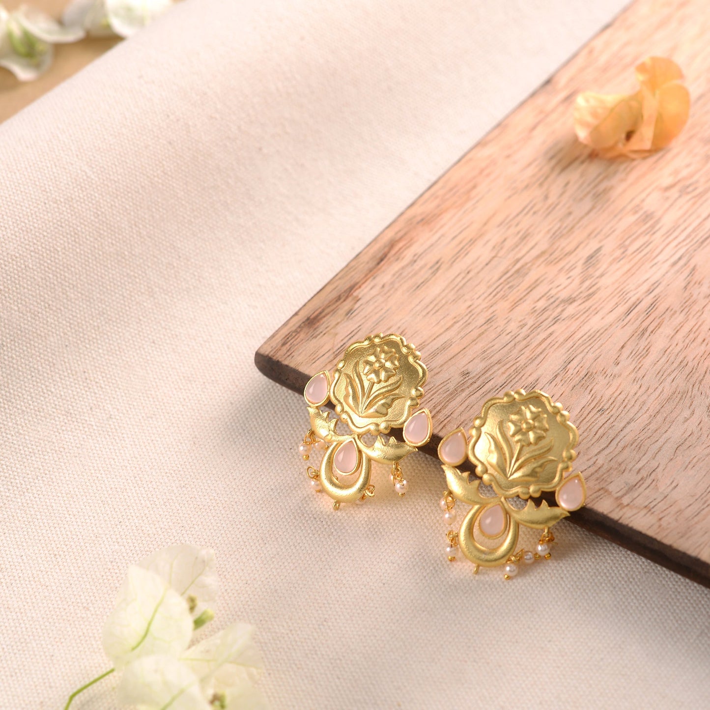 Ritika- Stone Studded Hanging Pearls Dangler Earrings(Baby Pink)