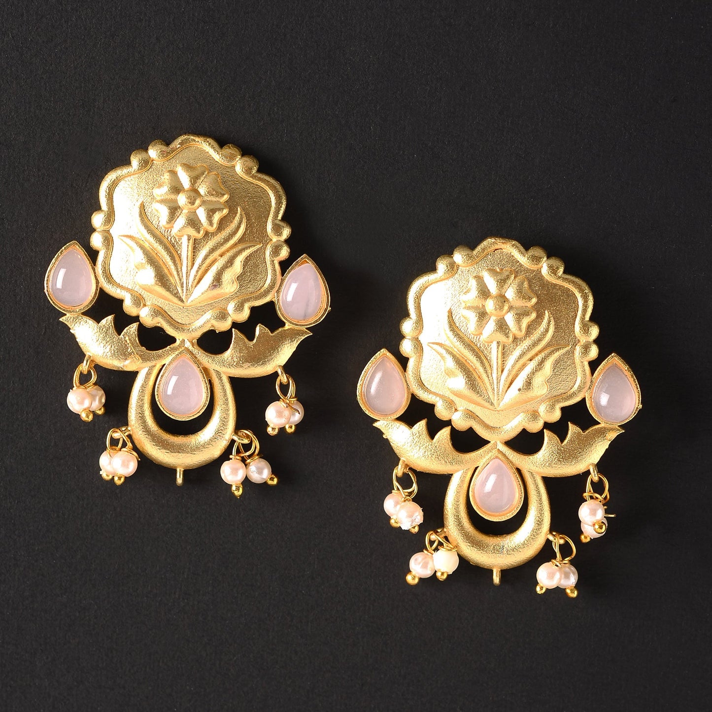 Ritika- Stone Studded Hanging Pearls Dangler Earrings(Baby Pink)