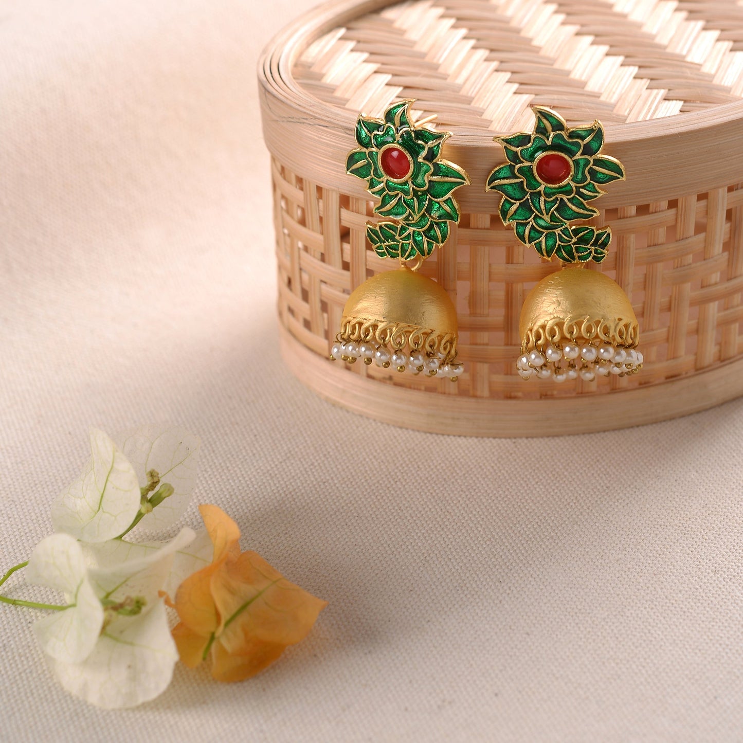 Niva- Hanging Pearl Jhumka Earrings(Green)